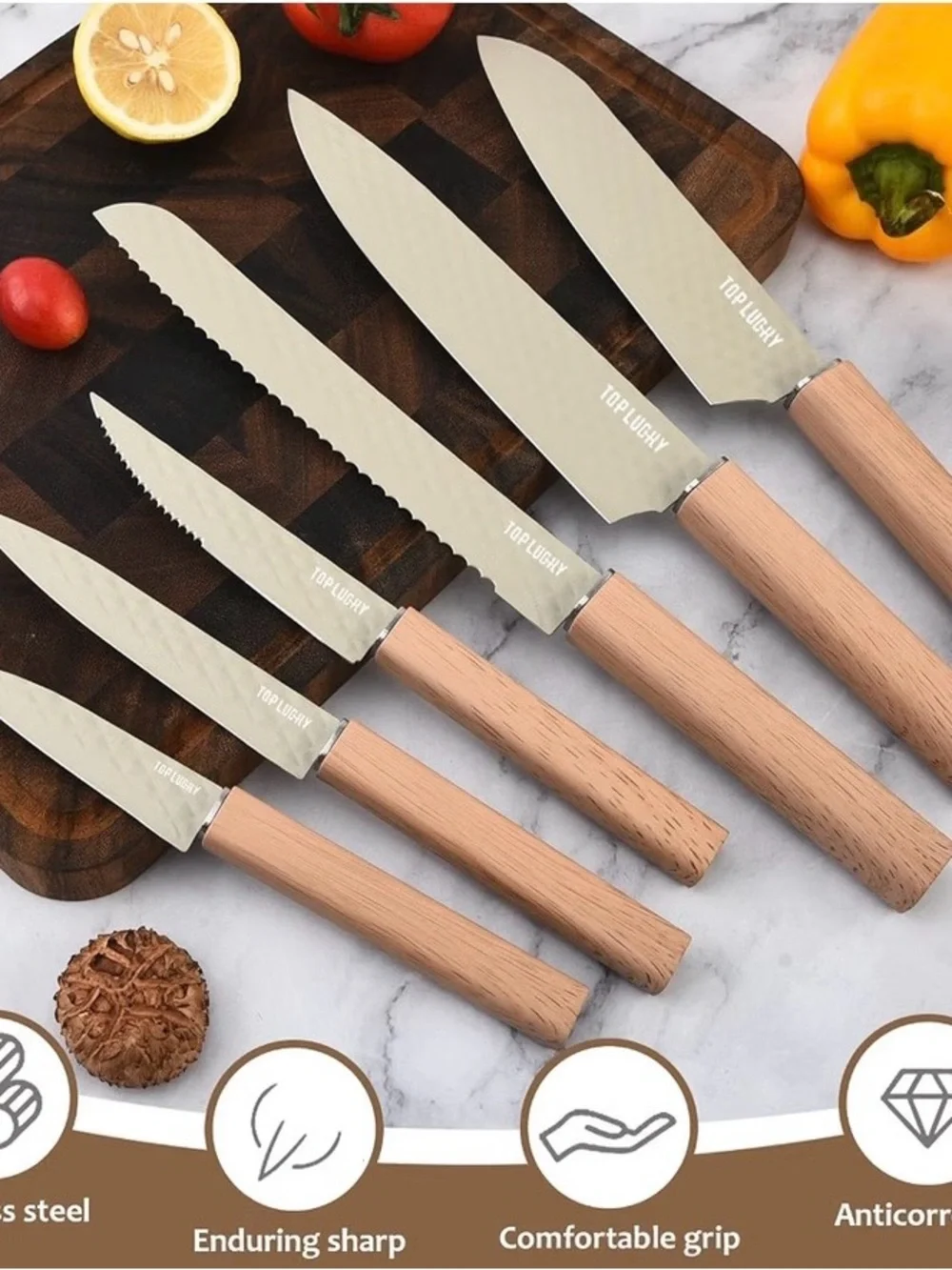 Beige In-Drawer Knife Block Set with Wood Handles